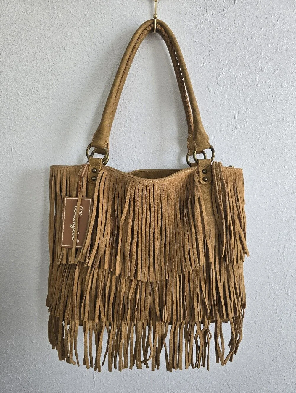 NWT Wrangler Tan Fringe Western Boho Shoulder Tote Bag Whipstitch Purse